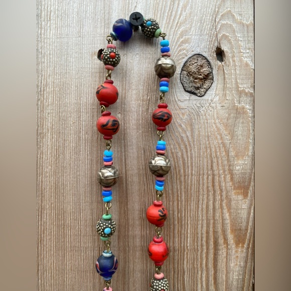 Beautiful Long Beaded Necklace with Red, Blue, and Silver Millefiori vibe Beads - Picture 5 of 8